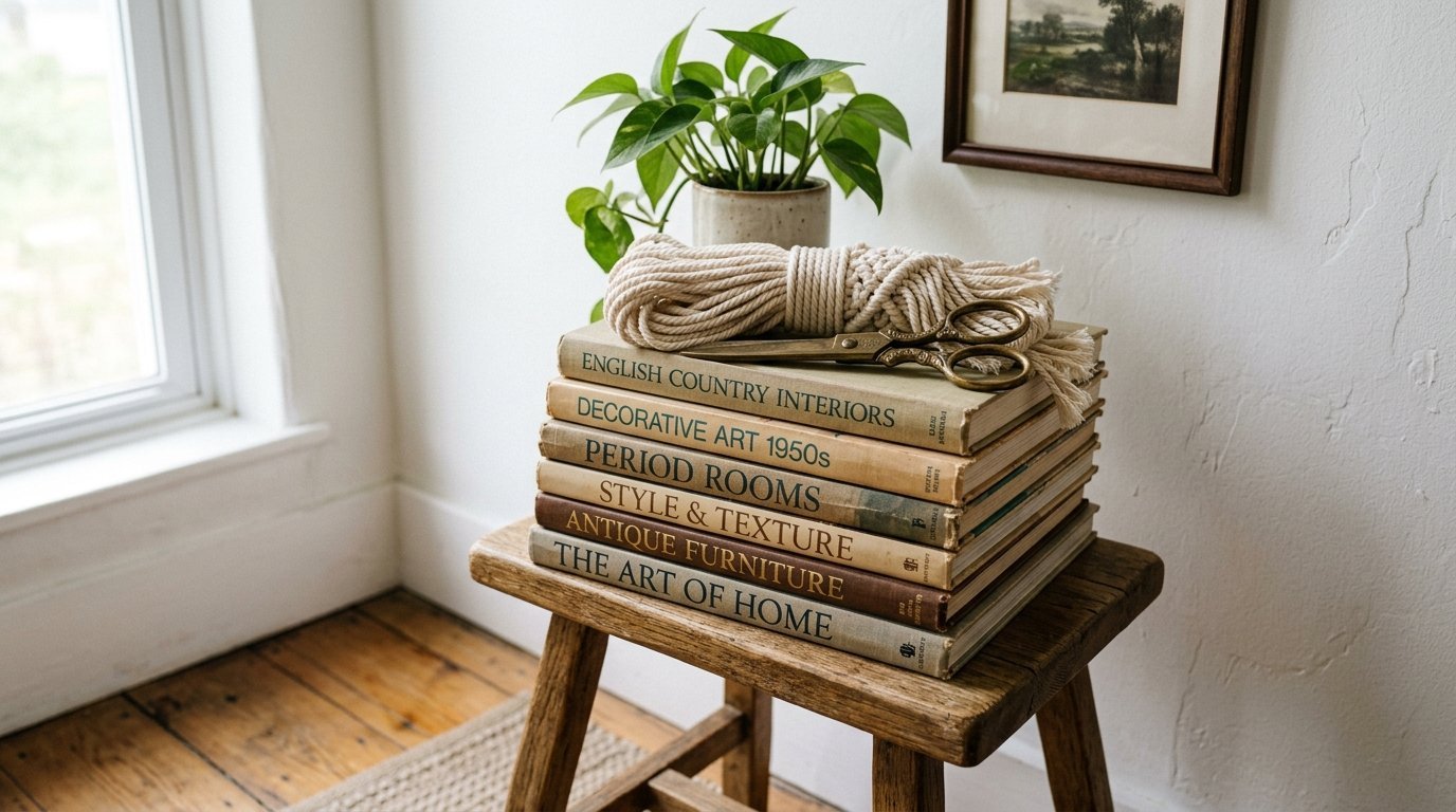 Vintage design books, macrame cord, and antique scissors stacked on a rustic wooden stool by a window.
