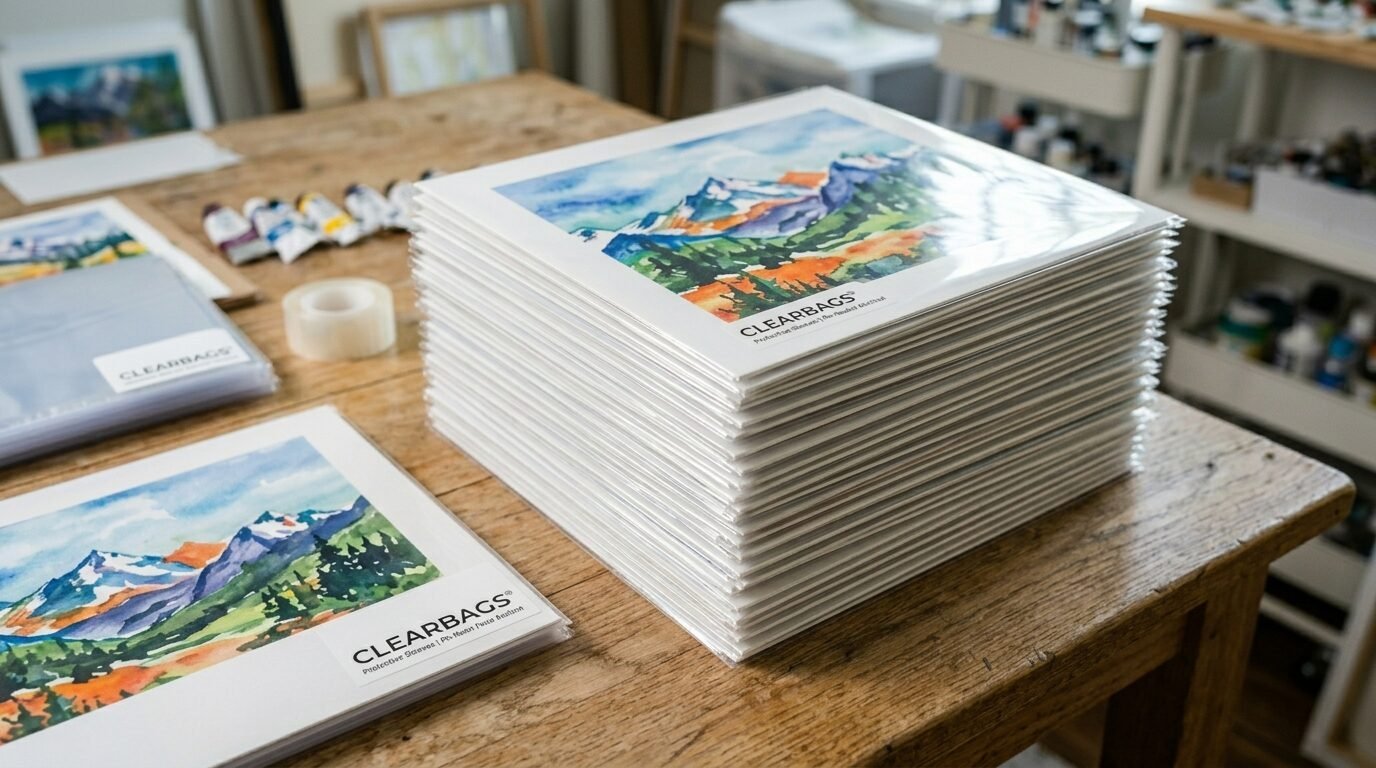 Many watercolor mountain art prints packed in clear sleeves sit on a wooden studio table.