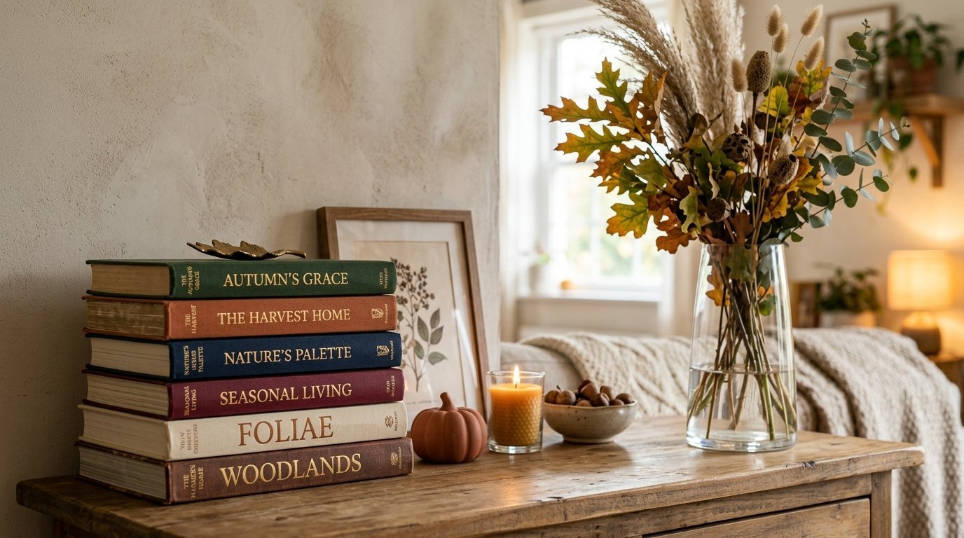 Books stacked on a rustic wooden table next to a glass vase, a small pumpkin, and a burning candle.