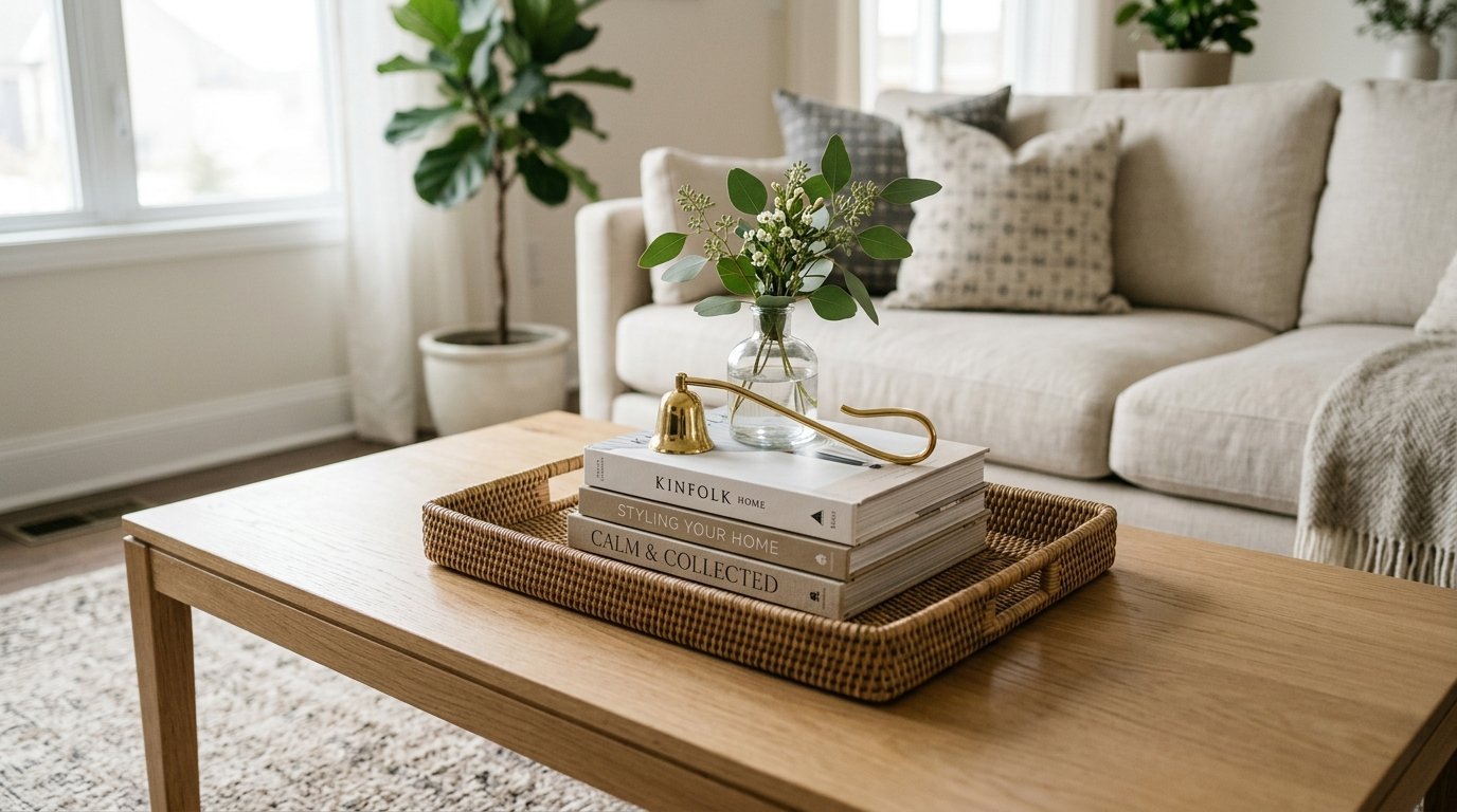 Three beige hardcover books and a small glass vase with greenery sit on a rattan tray atop a wooden coffee table.