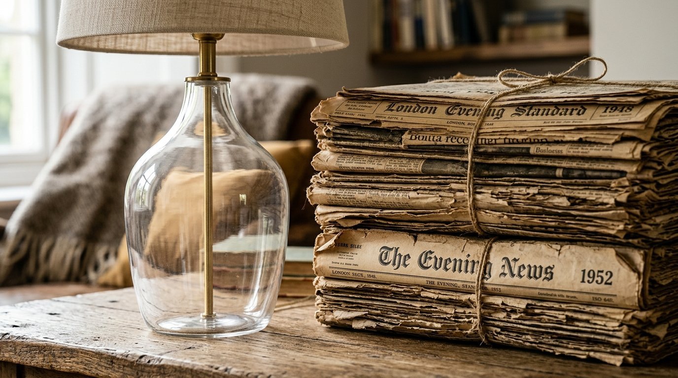Two bundles of old, yellowed London newspapers tied with twine sitting on a rustic wooden table by a glass table lamp.