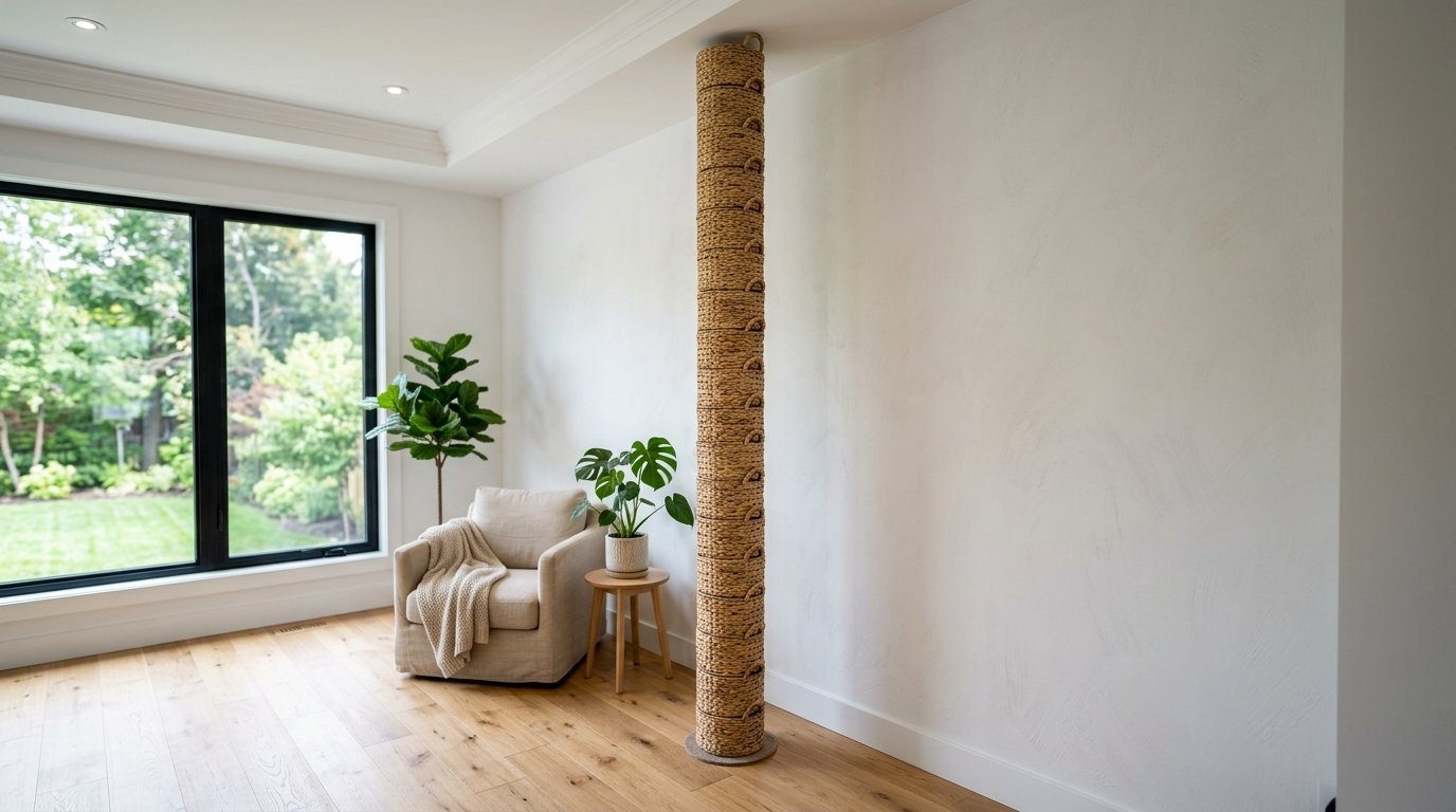 Floor-to-ceiling stack of circular woven baskets standing next to a beige armchair and houseplant.