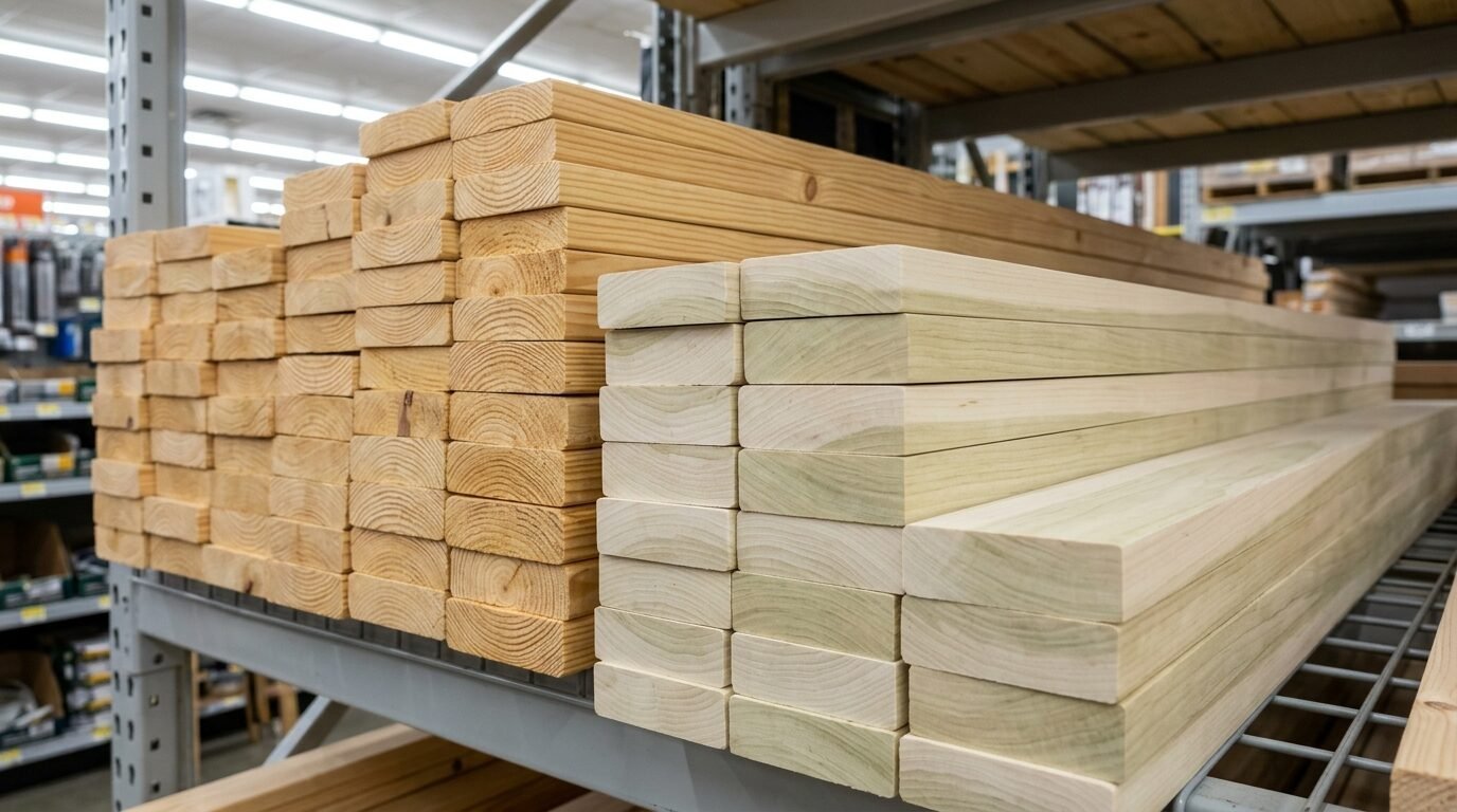 Close-up of pine boards and pressure-treated light green lumber organized on retail metal shelving.
