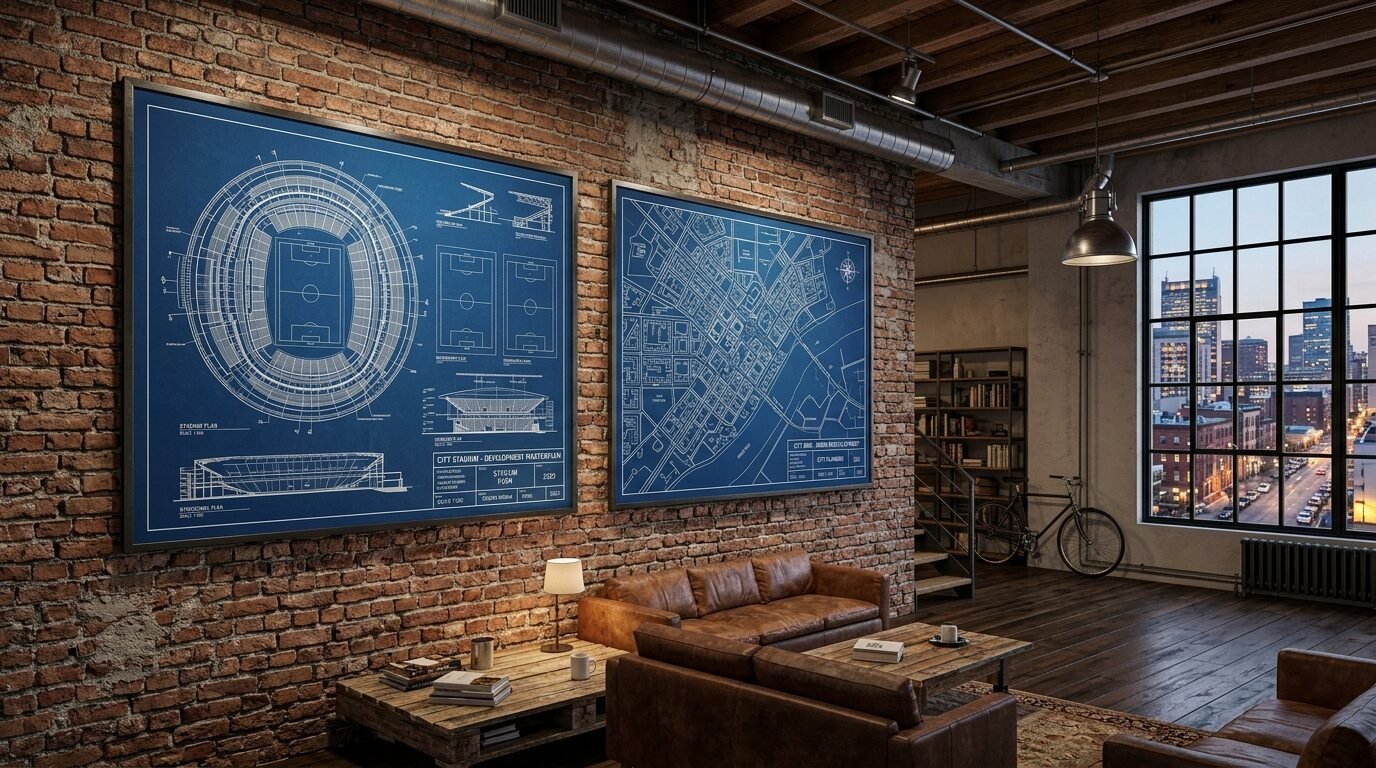 Two framed blue technical drawings of a stadium and city grid hanging on an exposed brick wall.