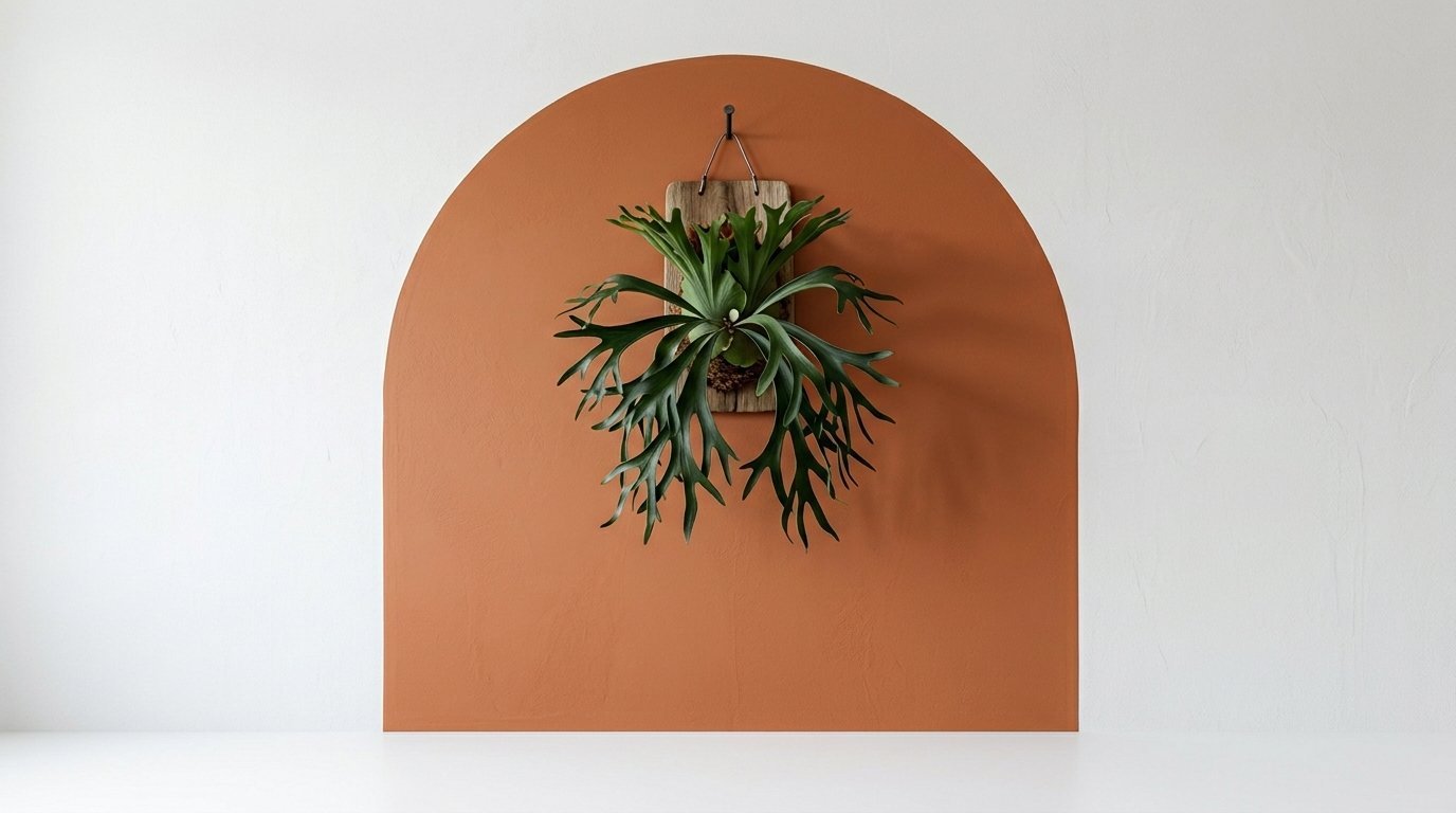 A mounted green fern hangs from a hook centered on an arched orange wall decal.