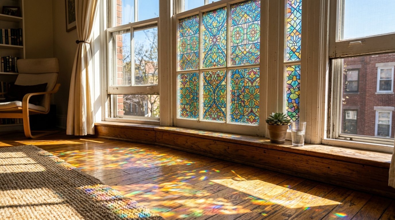 Colorful stained glass patterns project light onto a wooden floor near a sunny window and small potted plant.