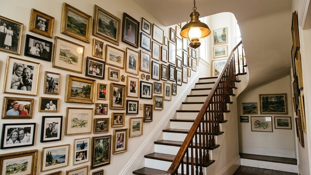 Wooden staircase featuring a large gallery wall of various framed photographs and landscape paintings.
