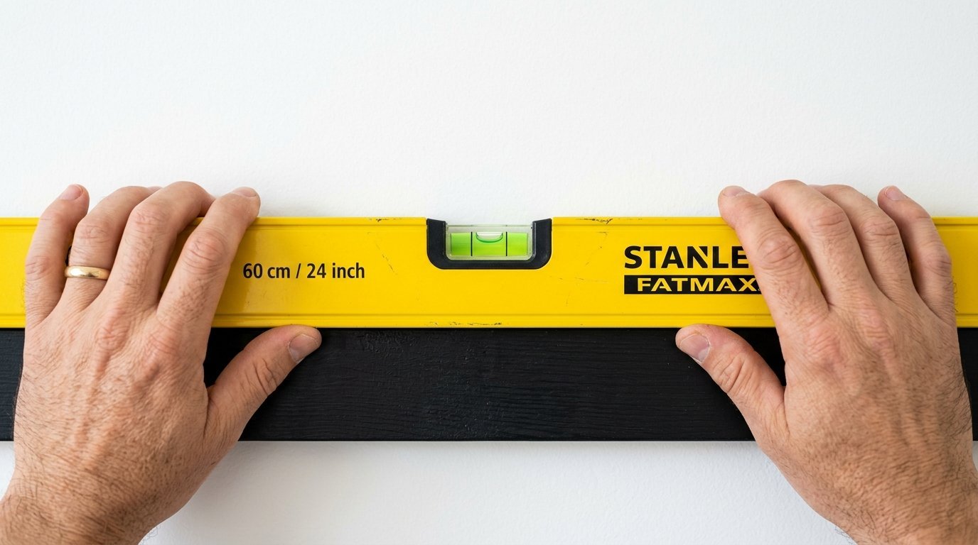 Close up of a person checking a black surface with a yellow spirit level tool.
