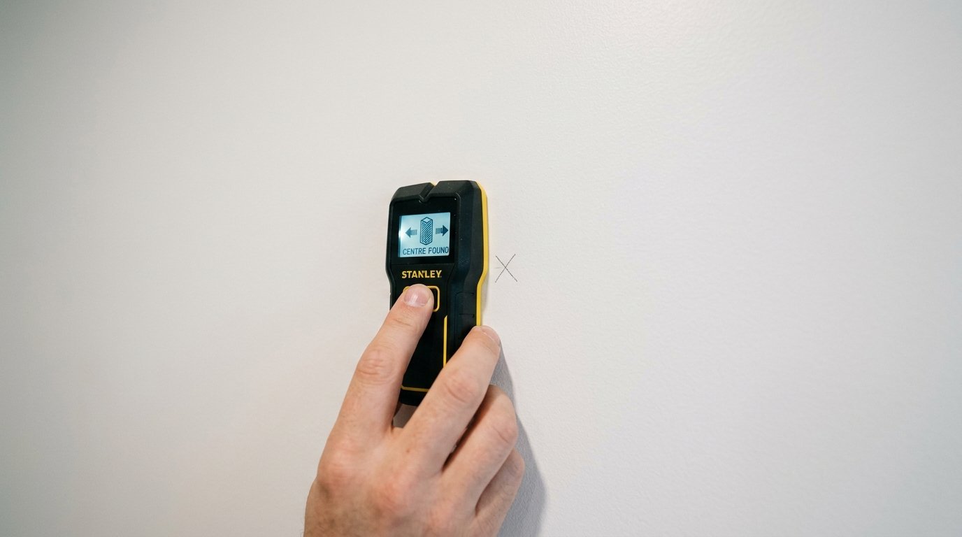 Close up of a person holding a Stanley stud detector against a wall to locate a stud marked with a pencil X.