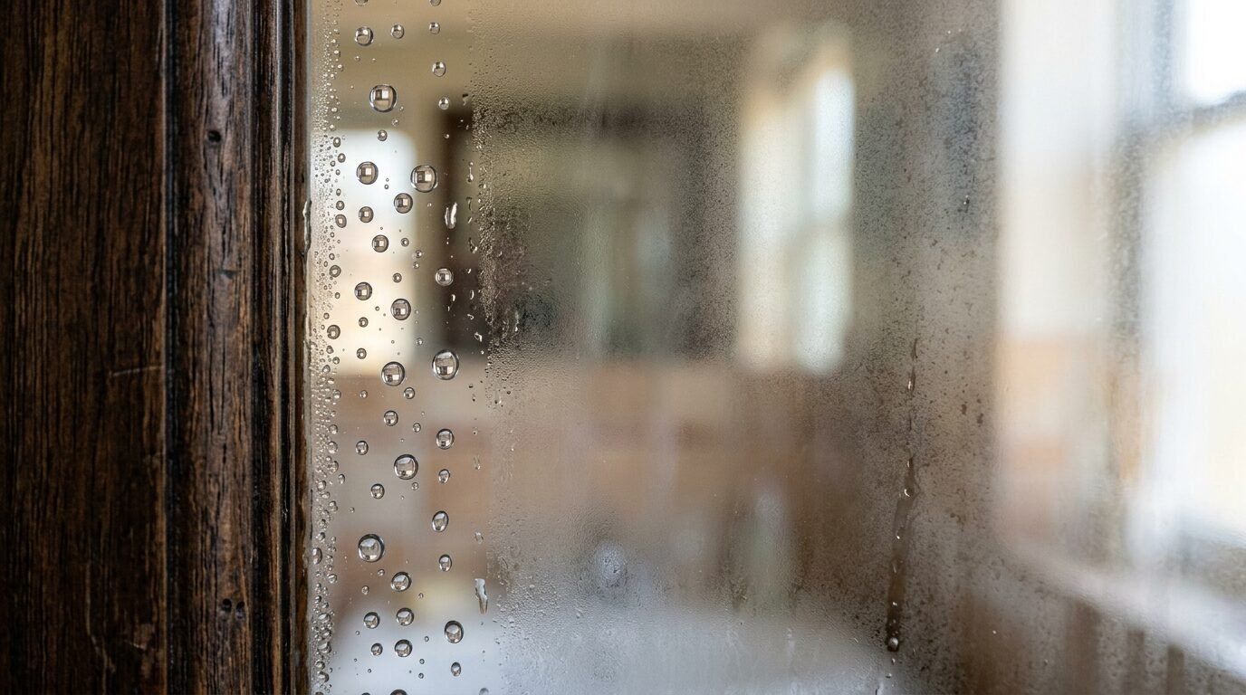 Detailed view of heavy steam condensation and clear water beads on the side of a wooden-framed bathroom mirror.