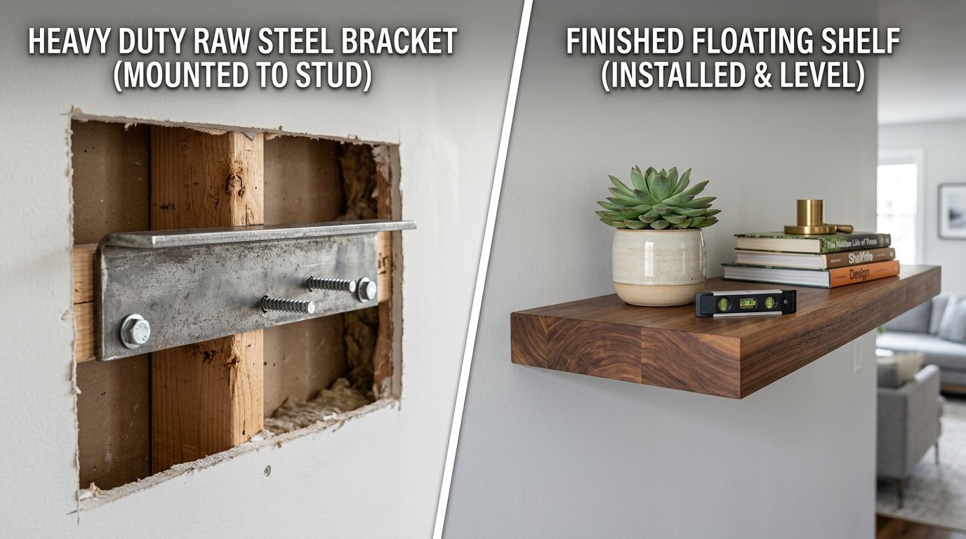 Split image showing a raw metal shelf bracket bolted to a wooden wall stud beside a finished walnut floating shelf.