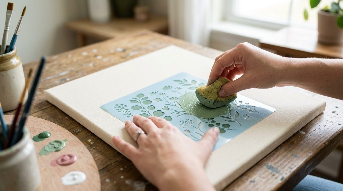 Close-up of hands using a damp sponge to press green paint over a leafy stencil onto a blank canvas.