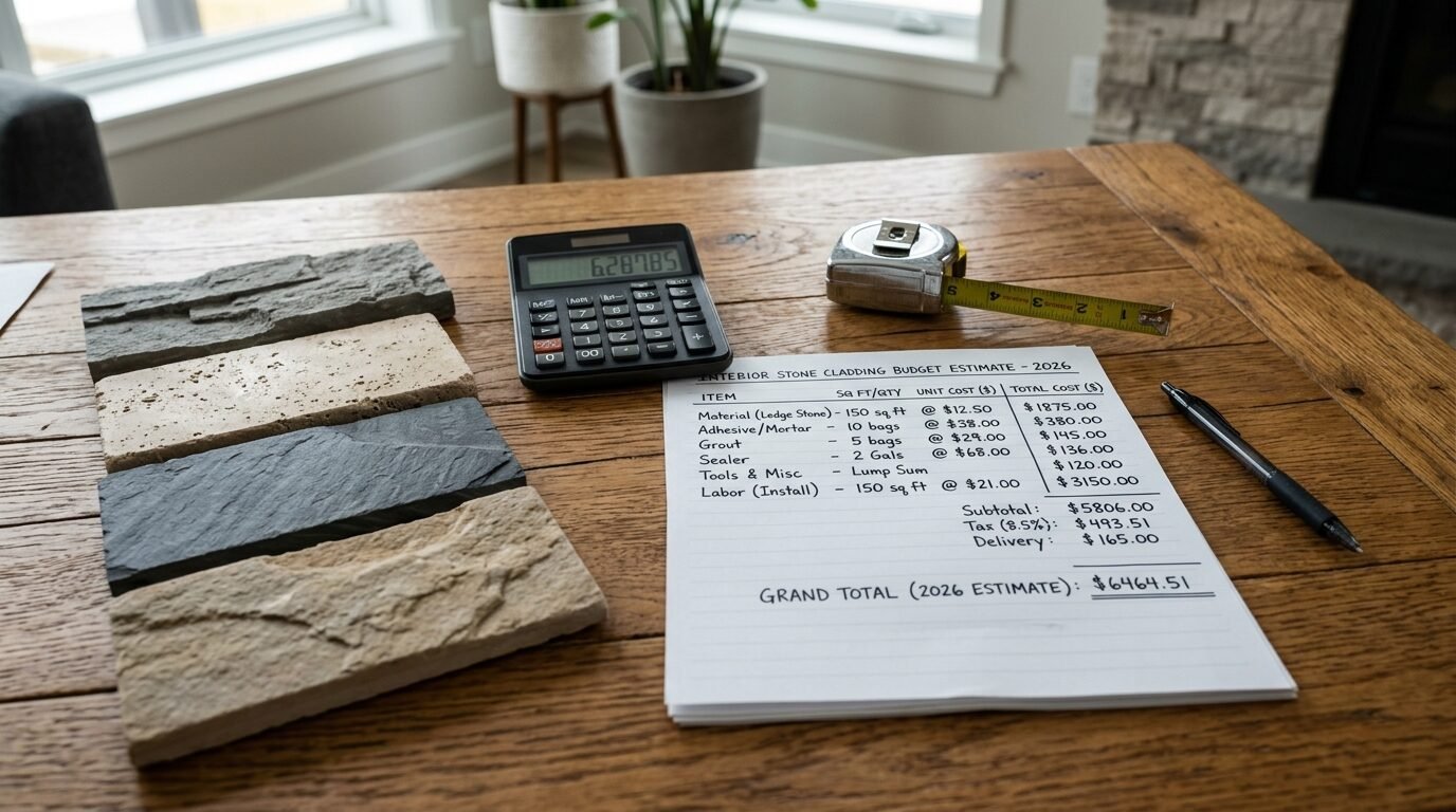 Calculator, tape measure, and stone samples on a wooden table next to a handwritten budget estimate sheet.
