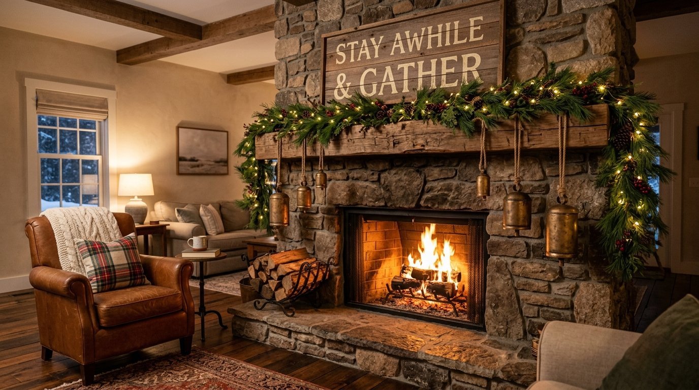 Stone fireplace mantle decorated with festive greenery, string lights, and hanging brass bells in a rustic home.