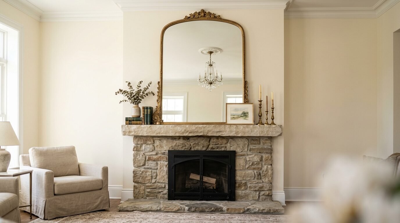 Cream-colored stone fireplace mantle decorated with books, dried flowers, framed art, and tall brass candlesticks.