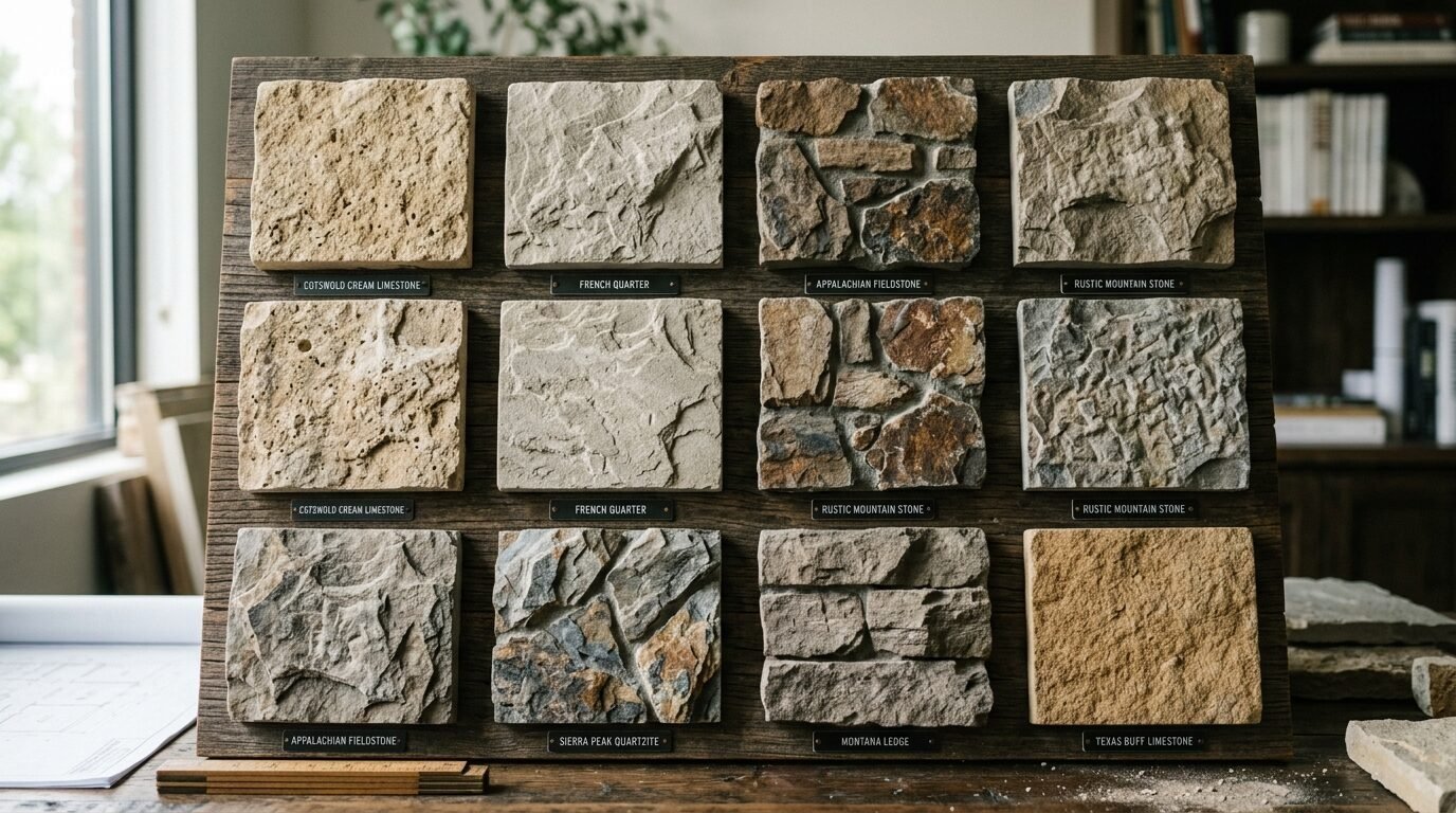 Sample board featuring twelve distinct squares of natural stone and masonry veneer textures.