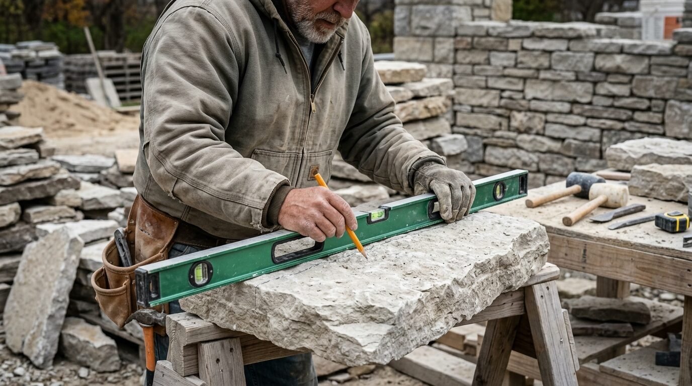 A worker in a work jacket uses a pencil and level to measure and mark a rough-hewn stone block on a wooden sawhorse.