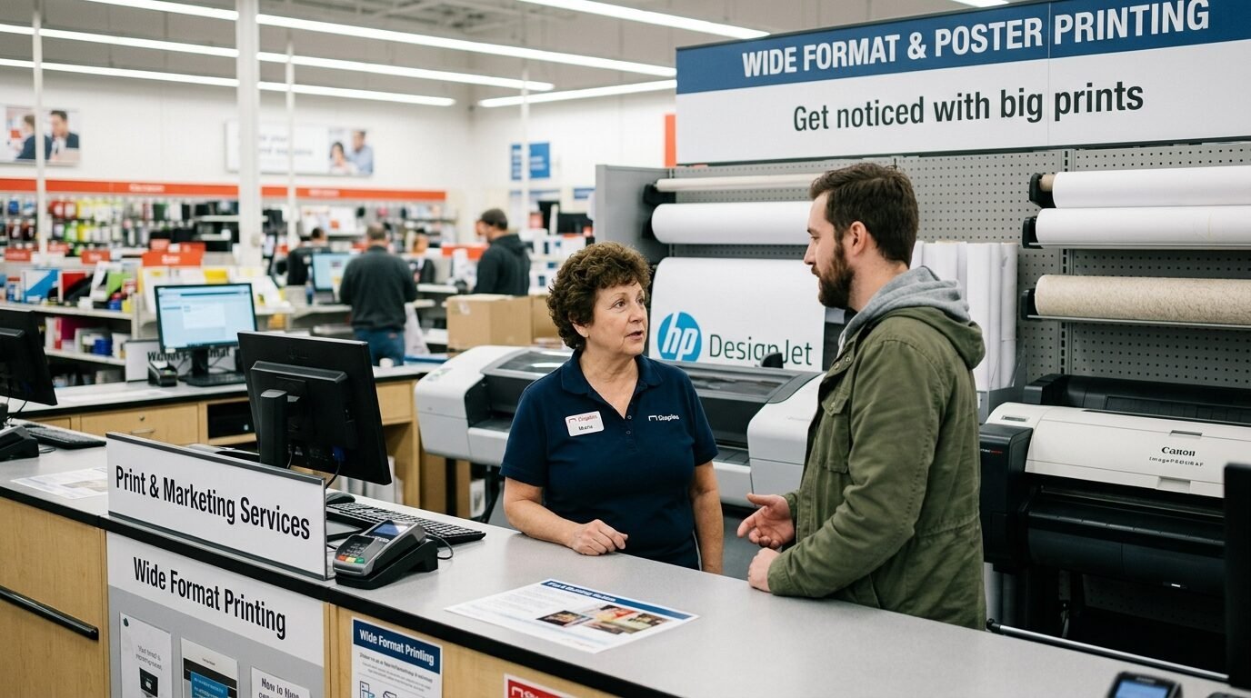 Store employee in a blue shirt talking to a man in a green jacket at the Staples wide format printing department.