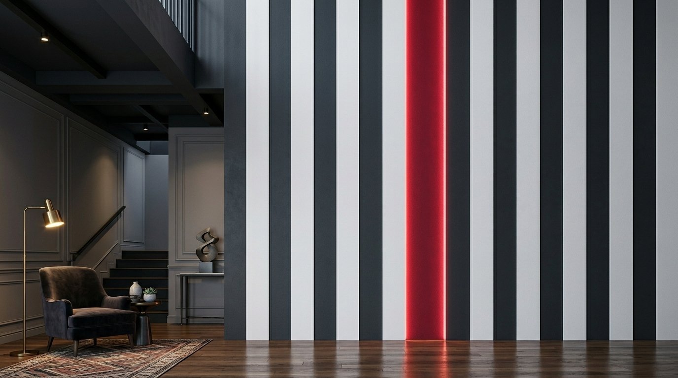 A dramatic interior wall with black and white vertical stripes illuminated by a centered glowing red LED strip.