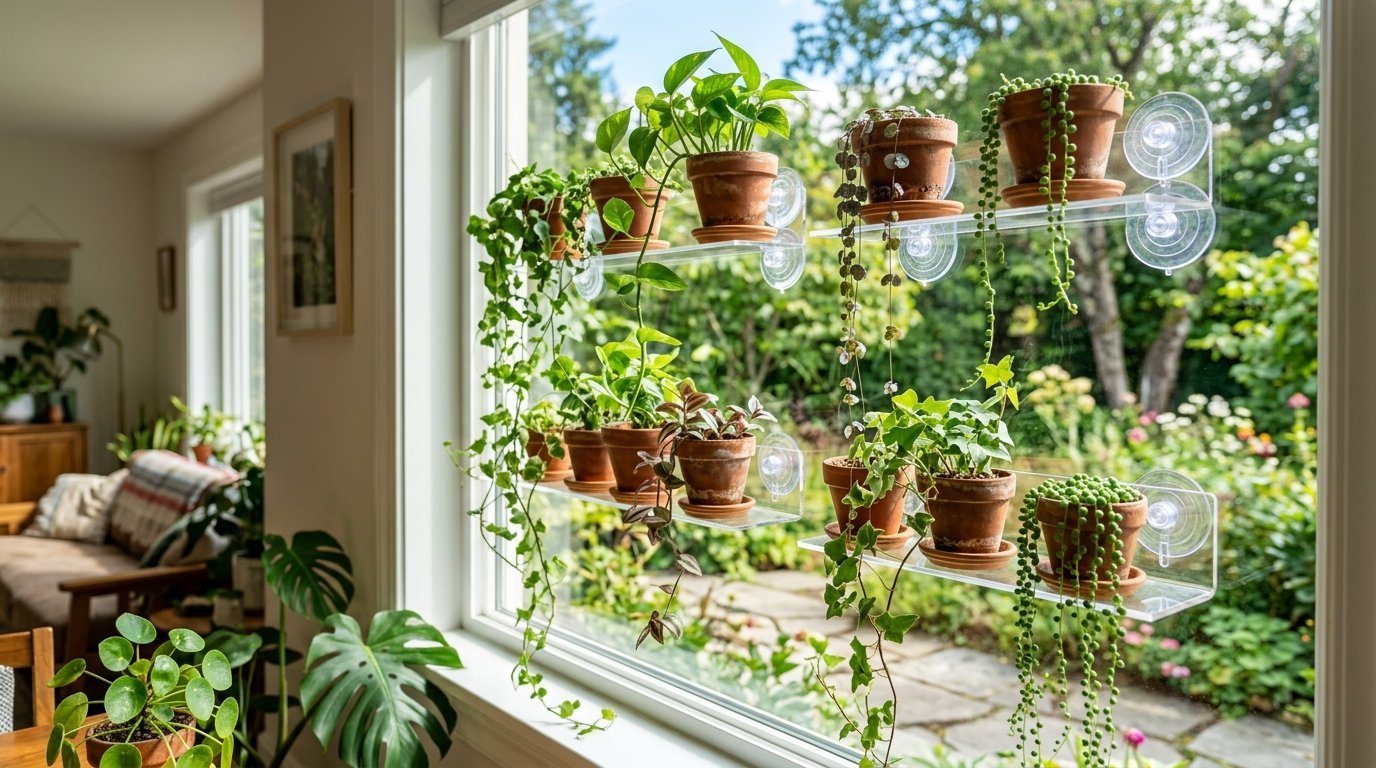 Small clay pots containing trailing houseplants attached to a bright kitchen window with suction cups.