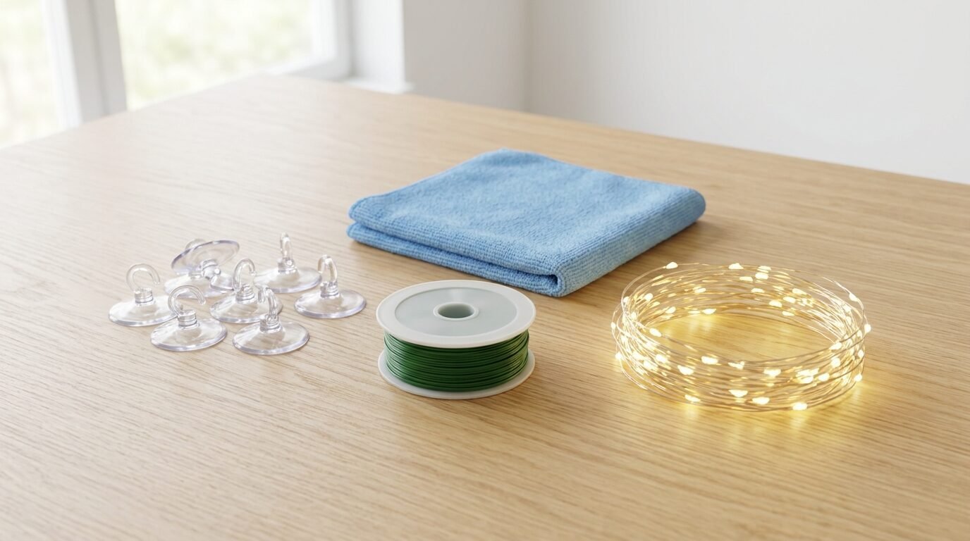 Group of clear suction cup hooks, green wire, blue cleaning cloth, and a coil of glowing fairy lights.