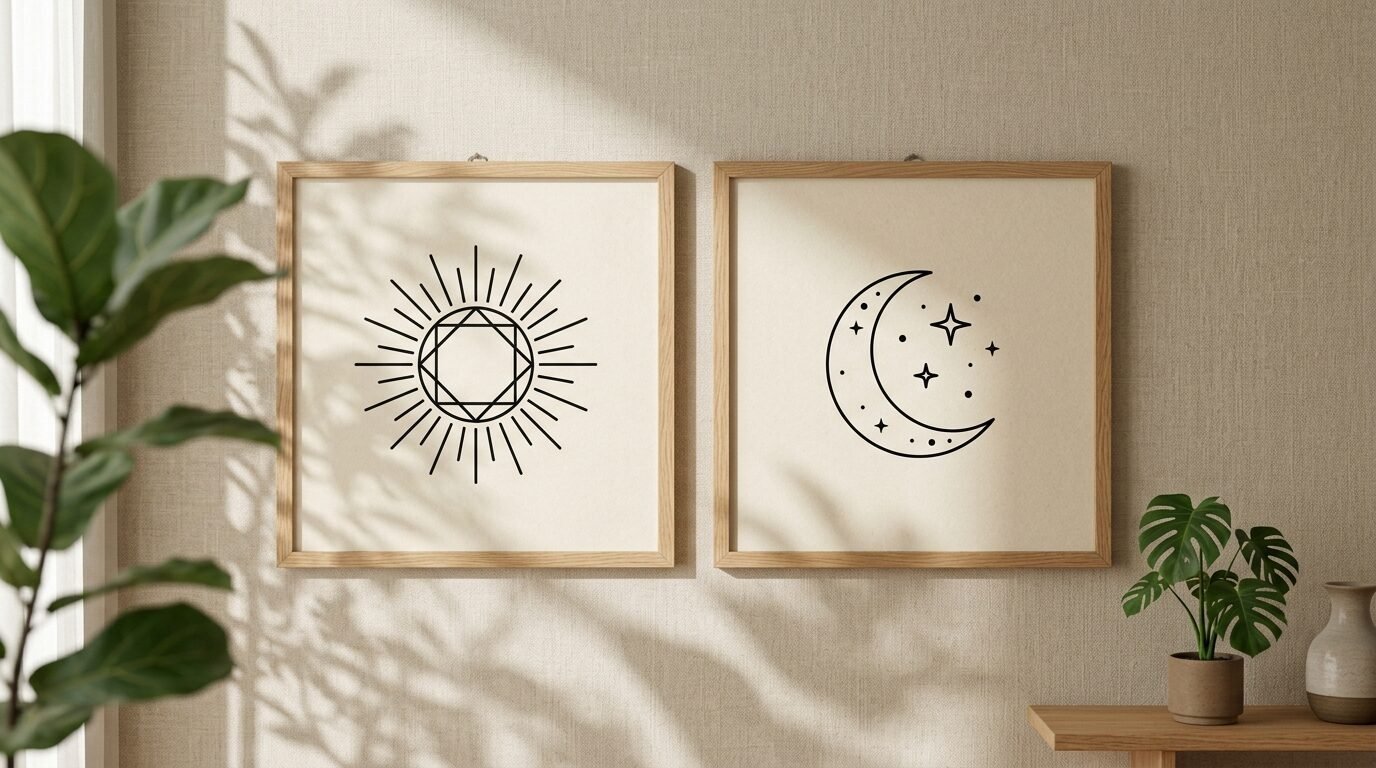 Two square wooden frames containing black line art of a geometric sun and a crescent moon with stars.