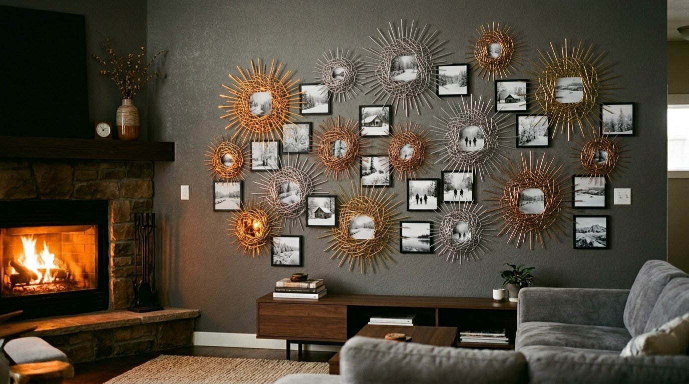 A dark grey accent wall featuring a collection of black square photo frames and decorative gold sunburst mirrors.