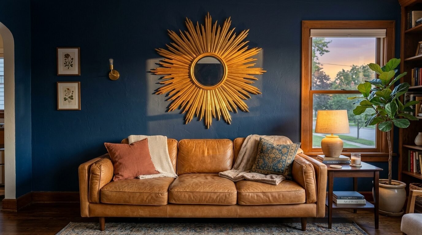 A vintage style leather sofa positioned against a dark blue wall with a large sunburst mirror decor.