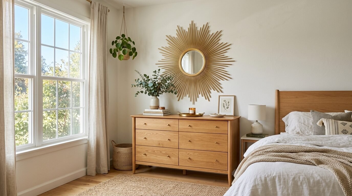 A bedroom corner featuring a sunburst wall mirror over a natural wood six-drawer chest and a hanging houseplant.