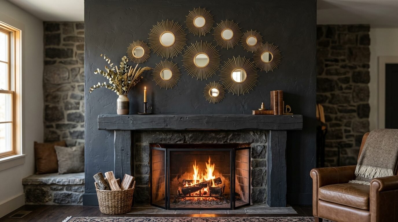 A cluster of gold sunburst mirrors mounted on a dark wall over a lit fireplace with a leather armchair nearby.