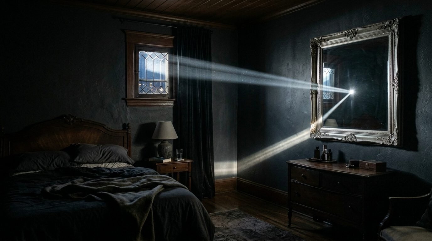 Morning sunlight streams through a small bedroom window, creating a visible ray reflecting against a vintage mirror.