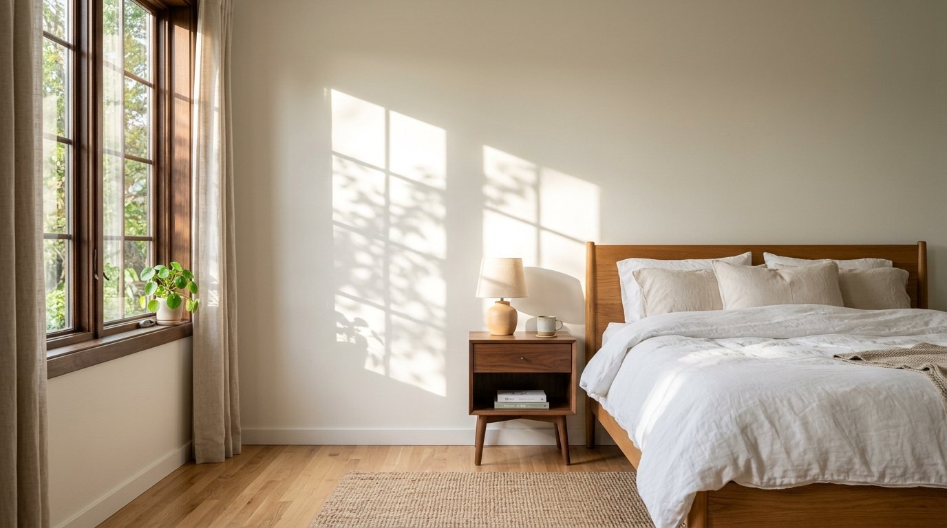 Modern wooden bed frame with white linens next to a bedside table with a lamp and window shadows on the wall.