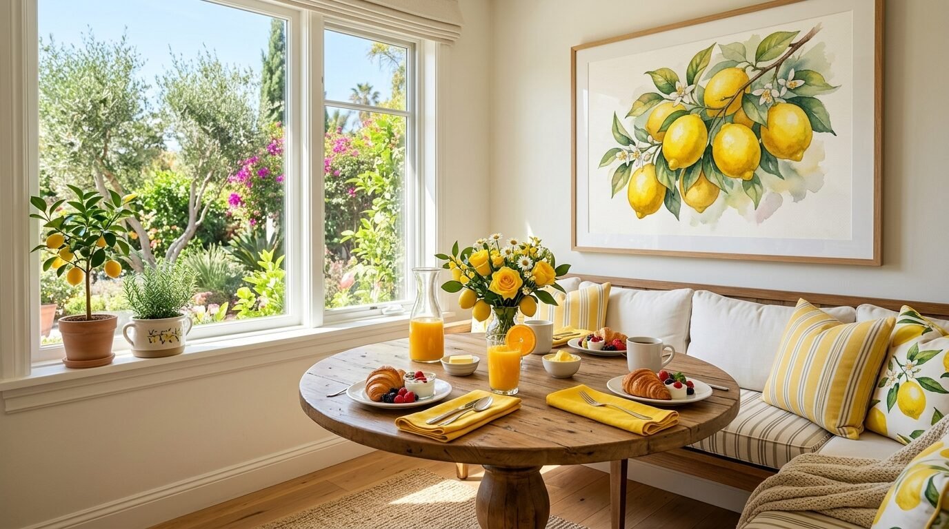 Round wooden breakfast table set for two with croissants, juice, and yellow flowers by a sunny garden window.