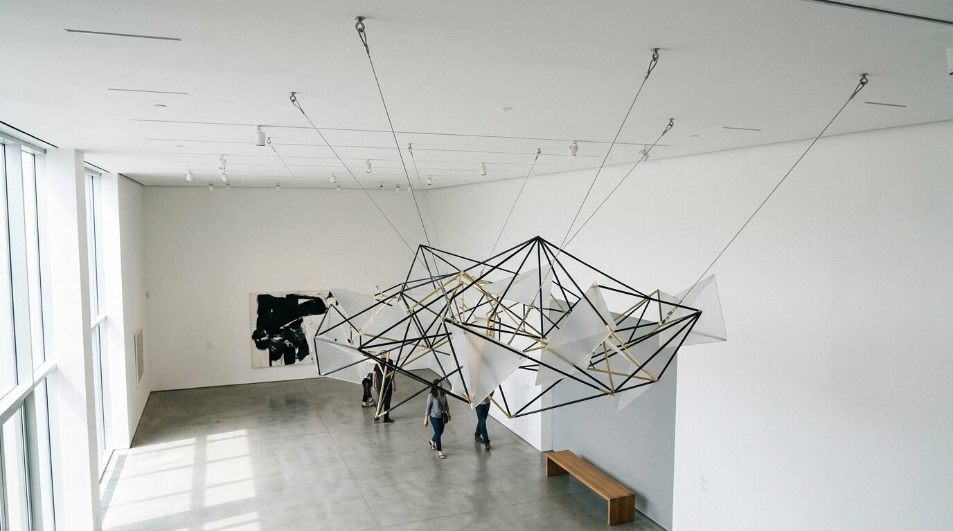 Visitors walking beneath a complex black and white suspended sculpture inside an airy museum exhibit hall.