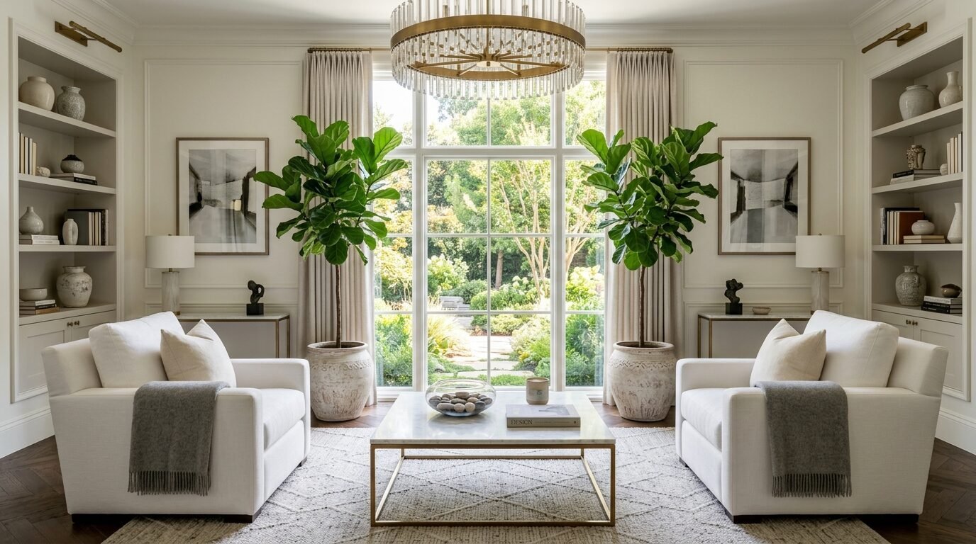 Symmetrical living area featuring two white armchairs, potted trees, and large garden-facing windows.