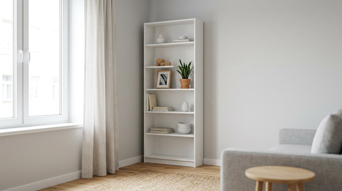 A narrow white wooden shelf unit decorated with books, ceramics, and a small green plant in a terracotta pot.
