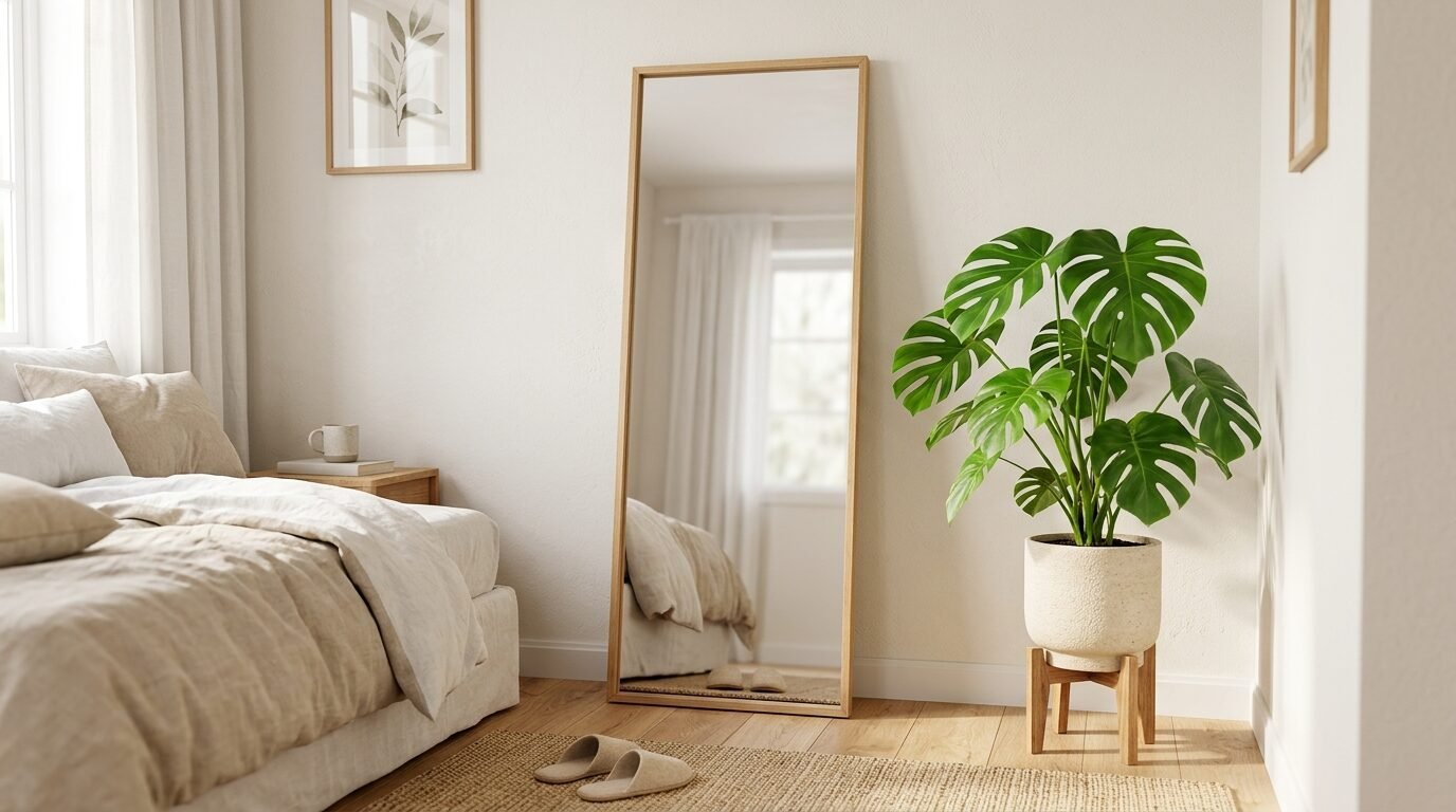 Large rectangular mirror with a light wood frame standing on a woven rug next to a potted monstera plant.