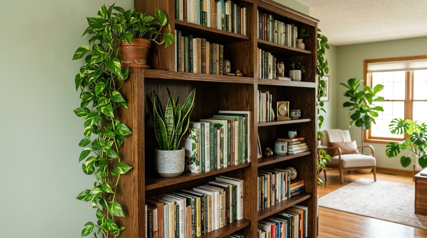 A dark wood shelving unit decorated with a cascading pothos, a snake plant, and numerous books in a sage green room.
