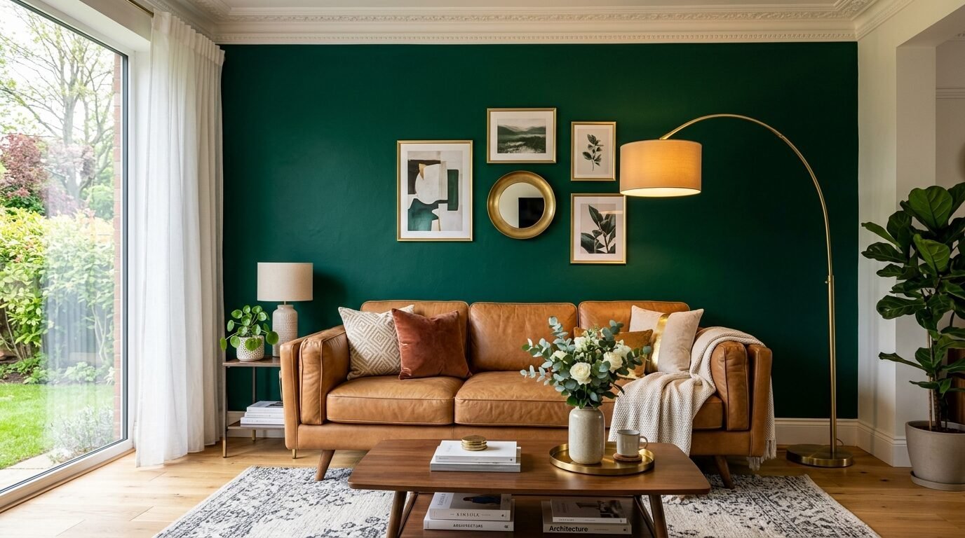 Tan leather couch in front of a deep emerald green wall with gold framed gallery art and a brass floor lamp.