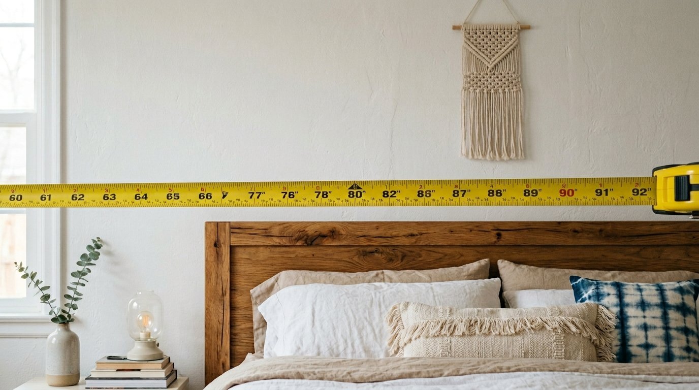 A yellow measuring tape extended horizontally across a king size wooden bed frame in a bright room.
