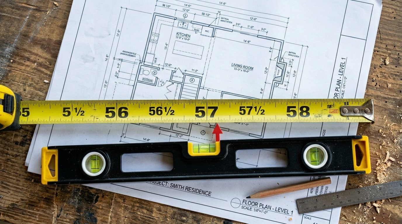 A yellow tape measure positioned over a paper house blueprint with a spirit level and pencil nearby.