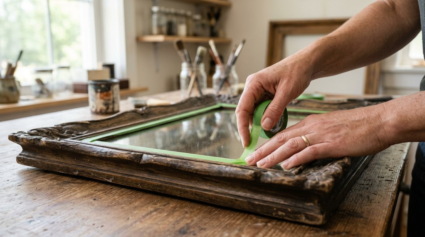 Close-up of hands applying green masking tape to the inner edge of an ornate dark wood mirror frame on a workbench.
