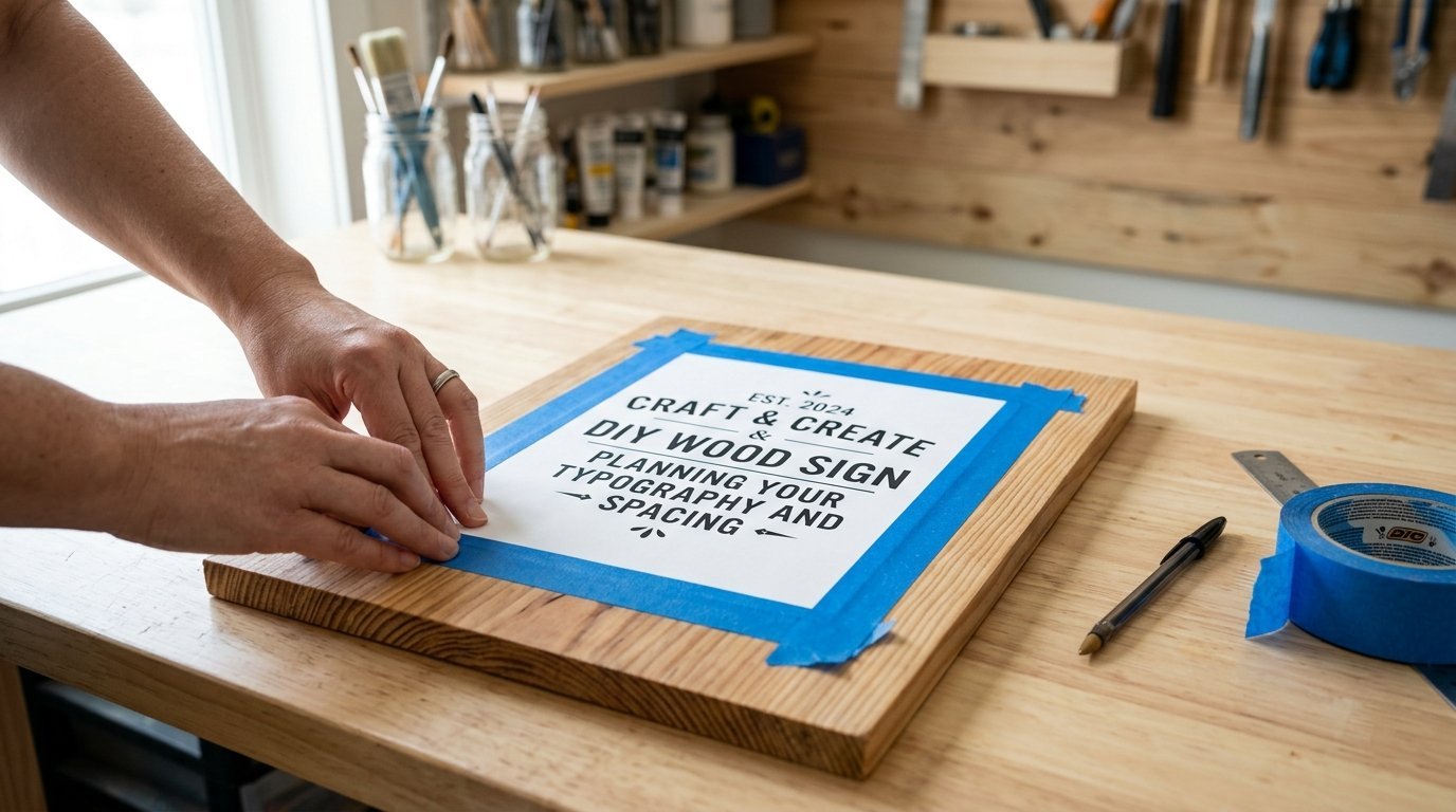 Close-up of hands using blue painters tape to secure a printed paper design onto a wooden crafting surface.