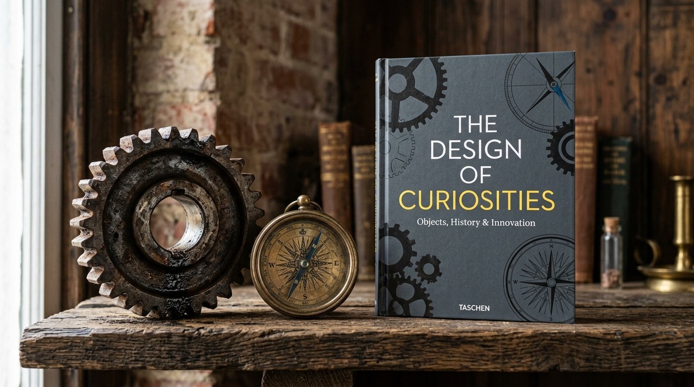 Hardcover book titled The Design of Curiosities resting on a wooden table beside a rusted gear and brass compass.