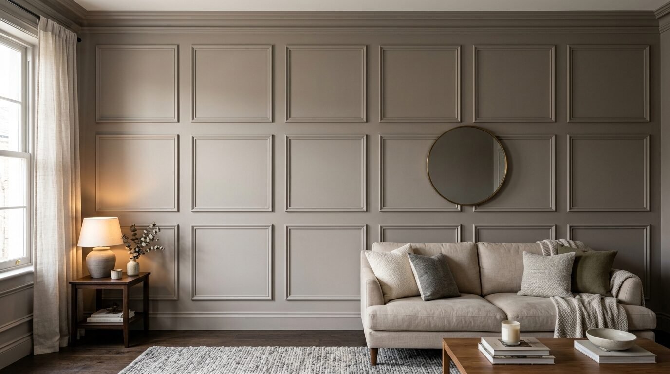 Neutral toned room with paneled wall, cream sofa, and round brass mirror.