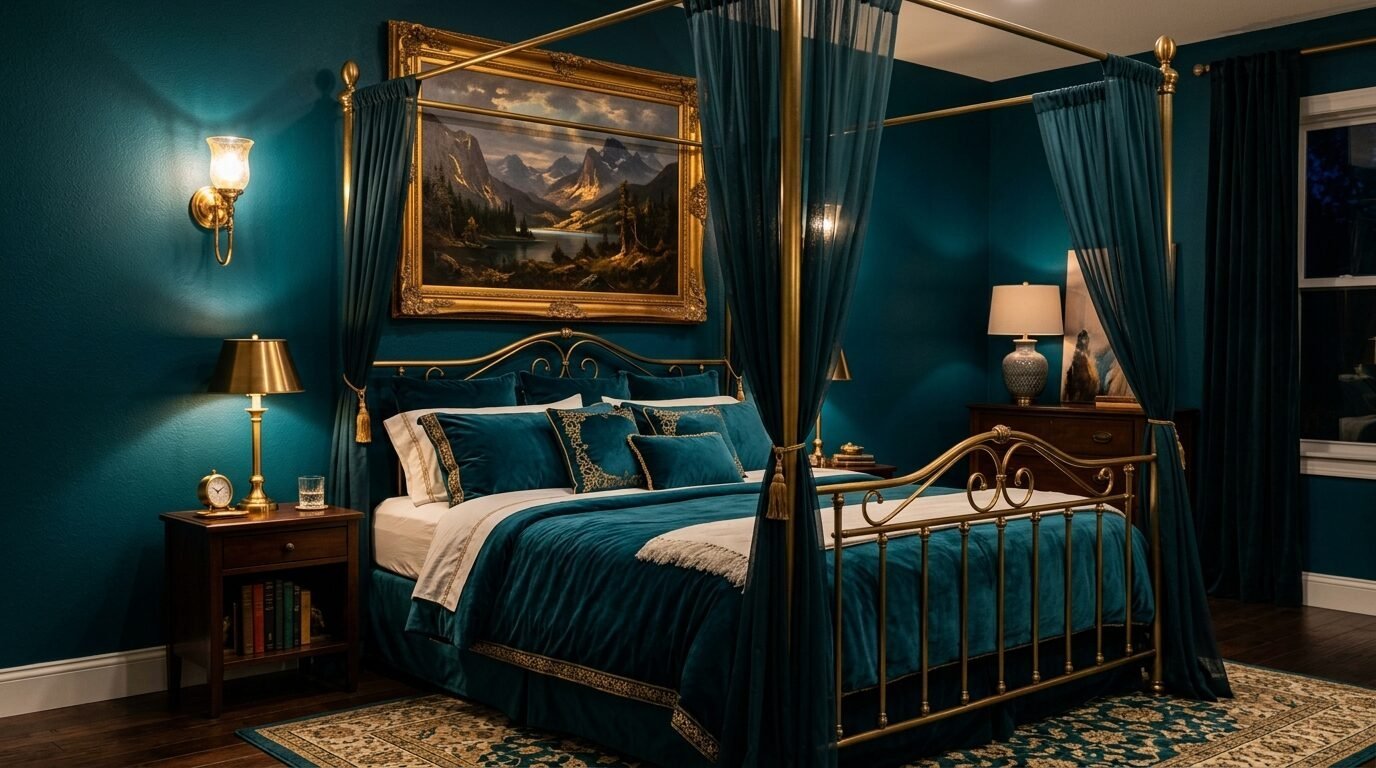A bedroom with dark teal walls, a brass four-poster bed with teal curtains, and a mountain landscape painting.