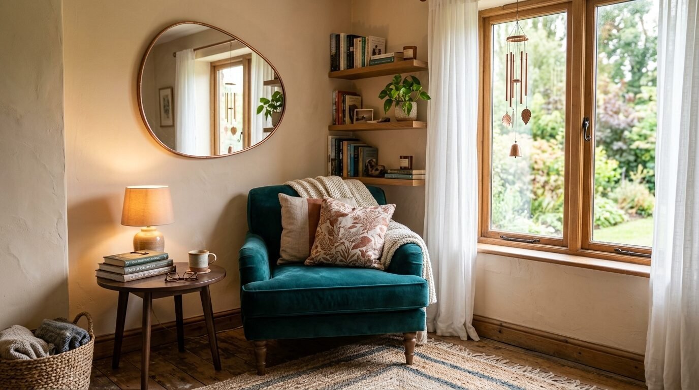 A dark green upholstered chair sits beside a window with shelves, a mirror, and a small side table.