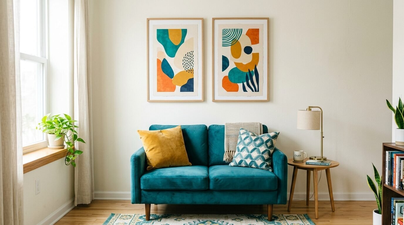 Modern teal velvet sofa under two framed abstract prints with yellow and blue shapes on white wall.