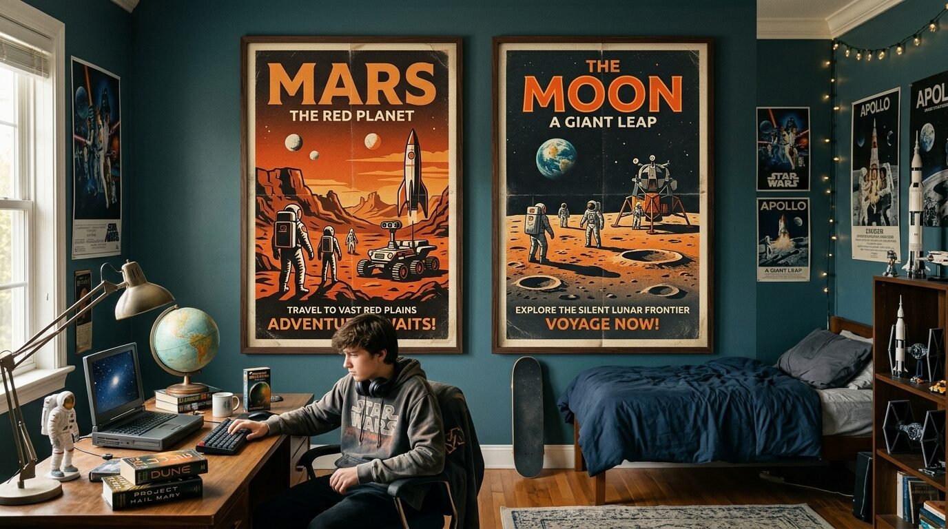 Young student sitting at a desk in a blue room featuring large Mars and Moon exploration art prints on the wall.