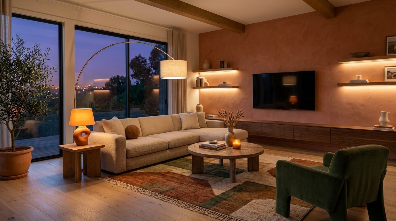 Modern living room with a beige sectional, green armchair, and terracotta wall at twilight.